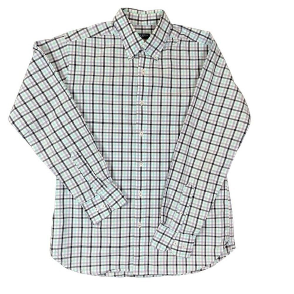 Fish Hippie Button Down Shirt Aqua Lavender White Windowpane Men's Size Medium